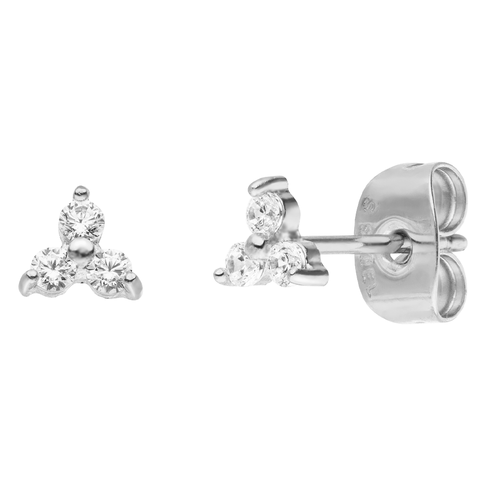 Silver zirconia earrings by Ruth featuring a three-stone design and butterfly clasp.
