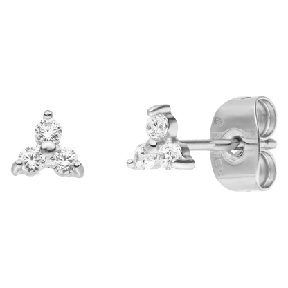 Silver zirconia earrings by Ruth featuring a three-stone design and butterfly clasp.
