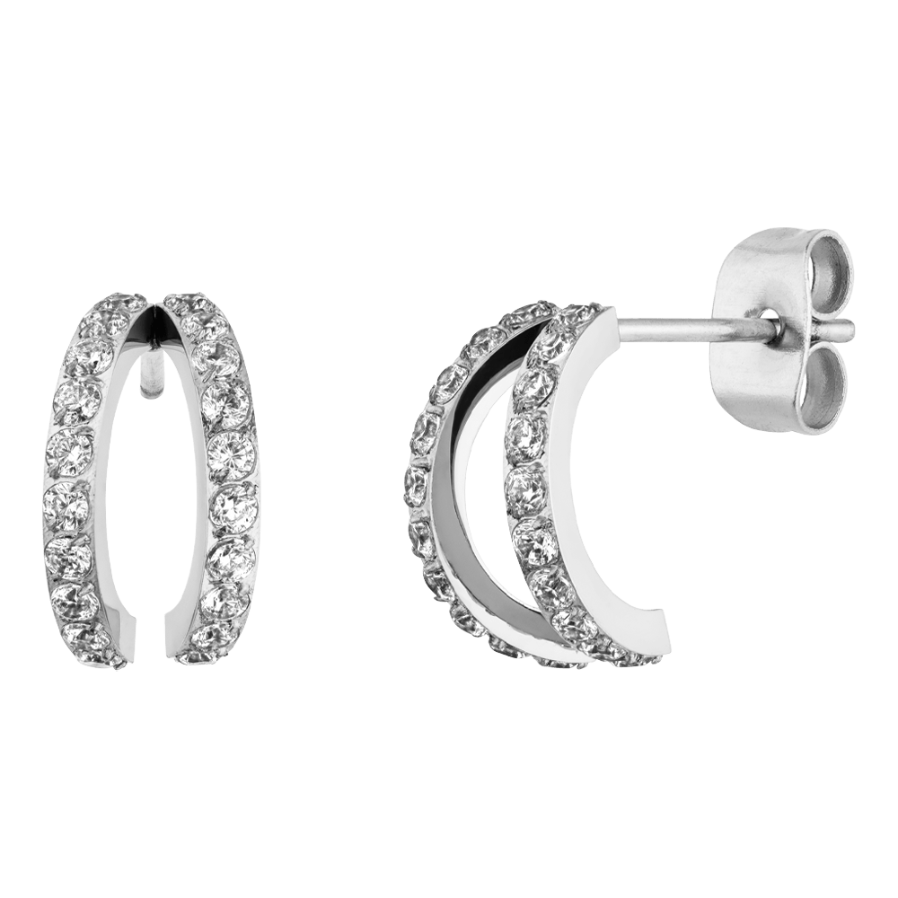 Silver twin earrings with crystal detailing by Twin featuring a post back closure.