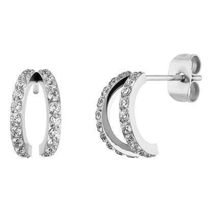 Silver twin earrings with crystal detailing by Twin featuring a post back closure.