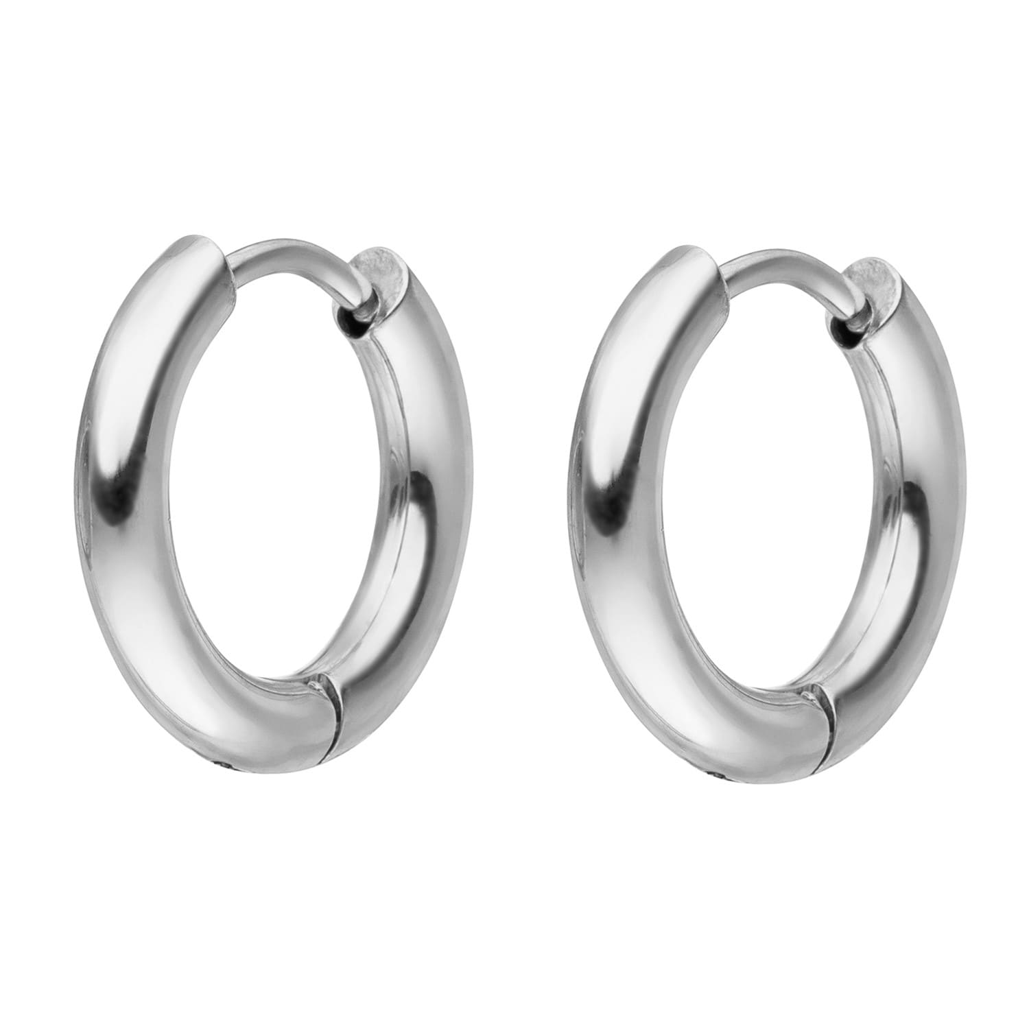 Silver hoop earrings with a hinge closure.