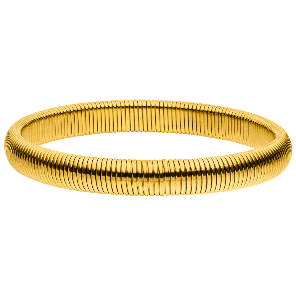 Gold flexible bracelet by unknown vendor on a green background.