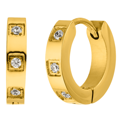Gold hoop earrings with diamonds from Lola featuring square settings.
