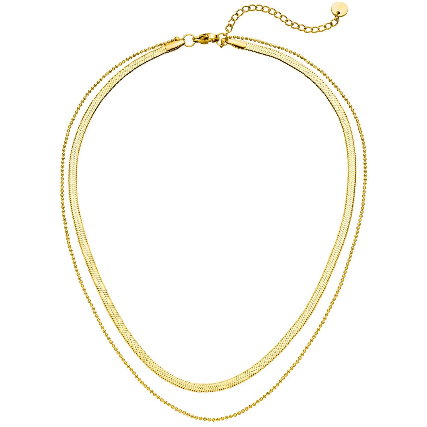 Gold layered necklace with a snake chain and bead chain.