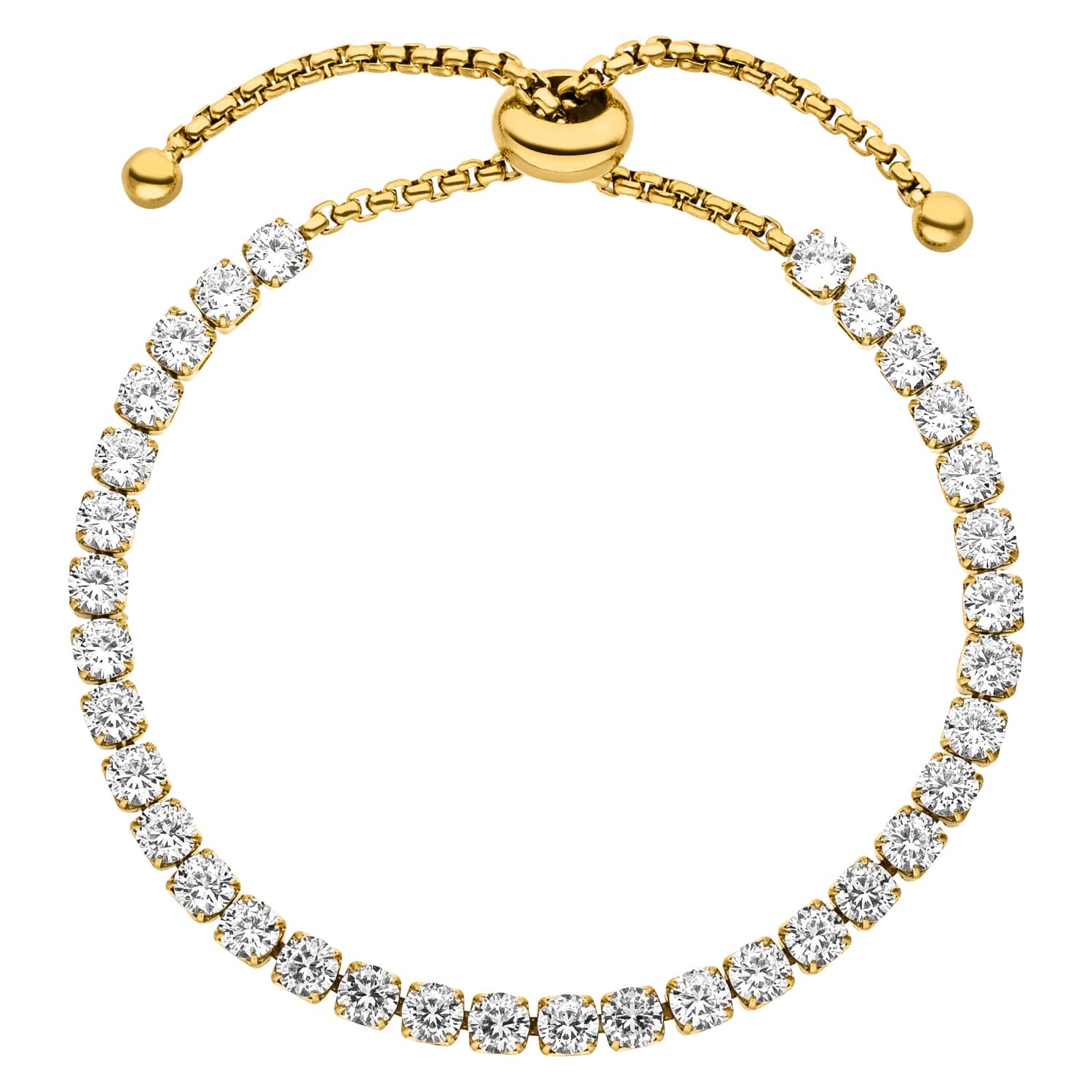 Gold-tone bracelet with clear stones by Julia, featuring a box chain and adjustable closure.

