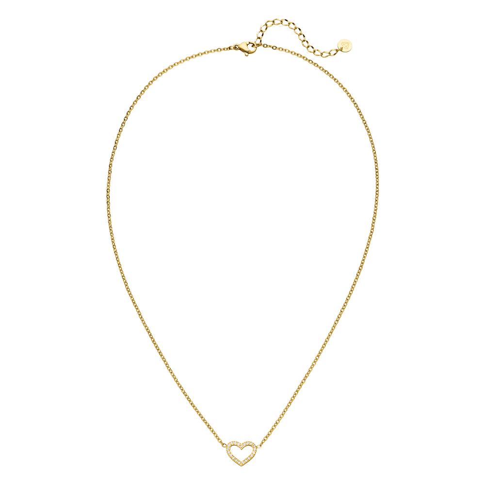 Gold heart necklace by Pilgrim with clear crystal accents.
