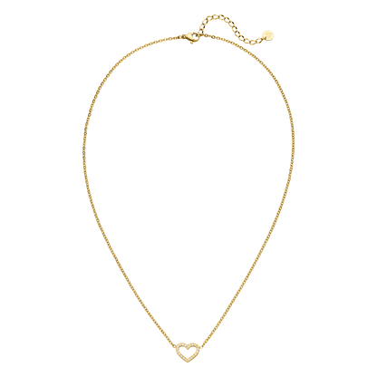 Gold heart necklace by Pilgrim with clear crystal accents.
