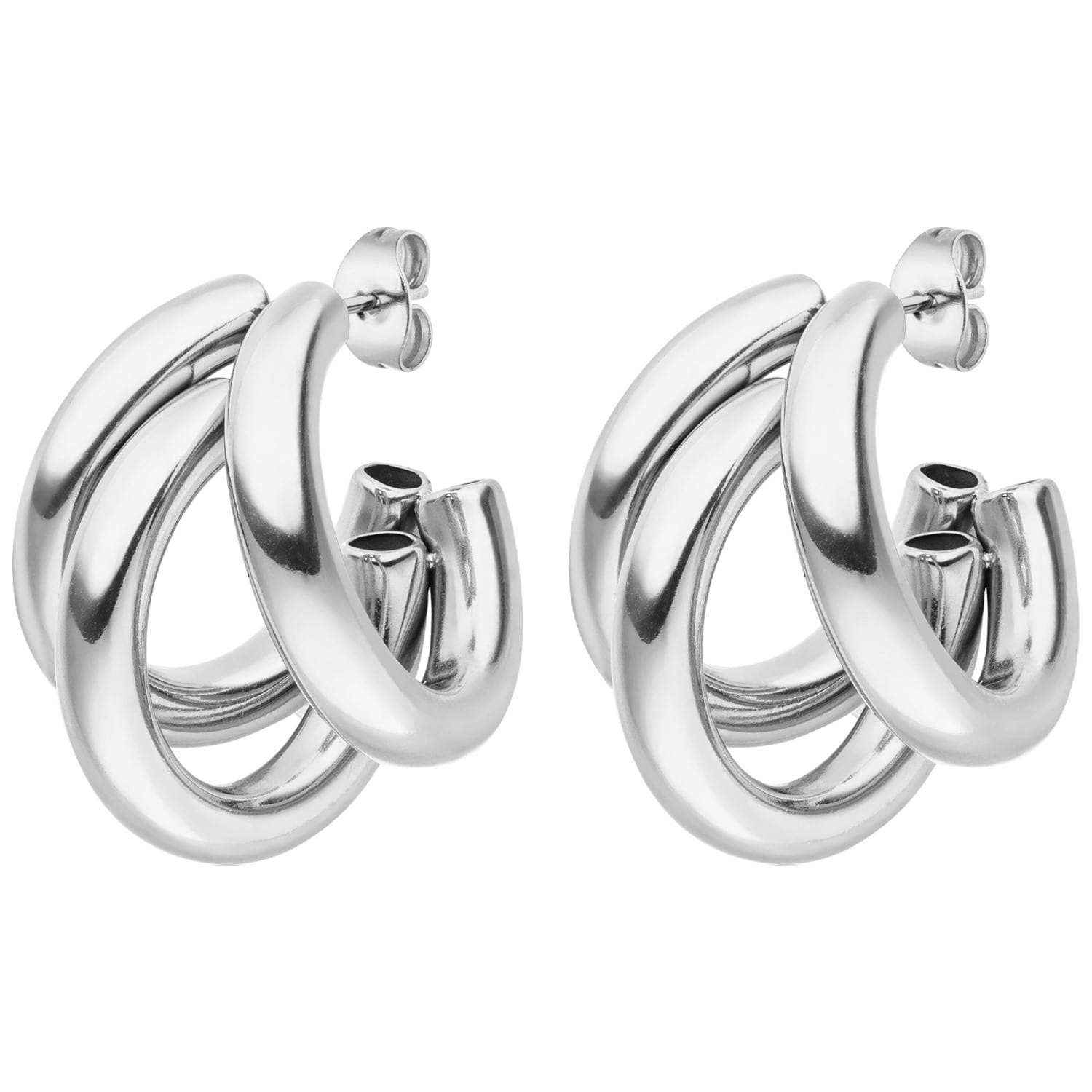 Silver triple hoop stud earrings by an indiscernible vendor with a polished finish.