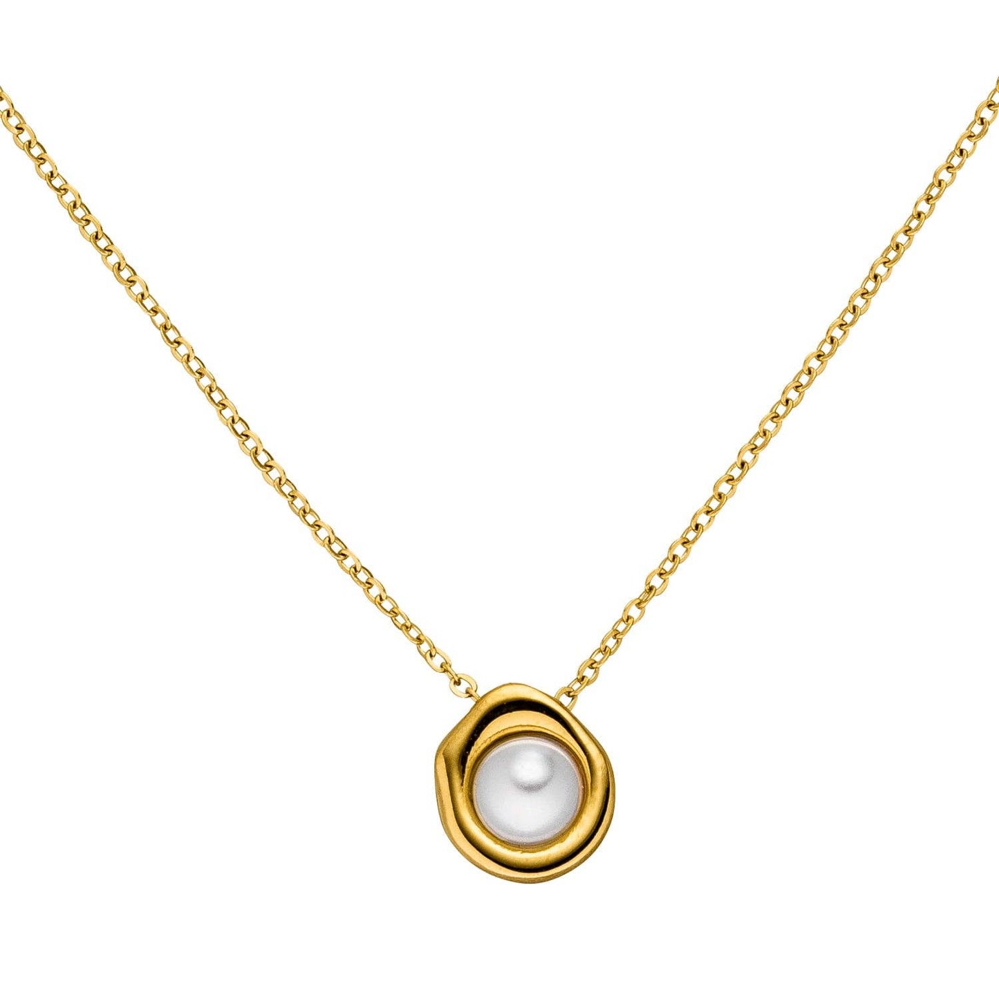 Gold Nina pearl necklace from Pilgrim, featuring a bright pearl pendant and simple chain.

