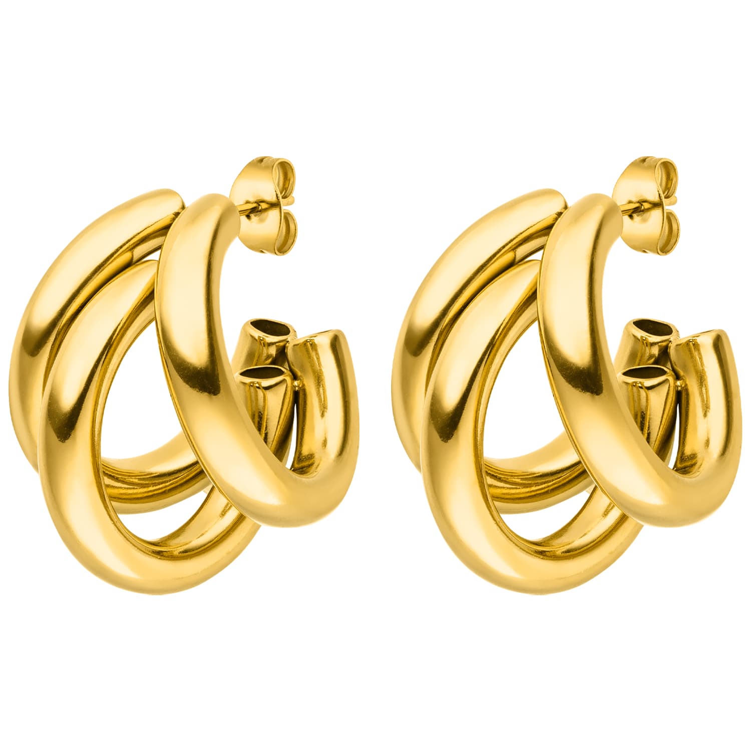 Gold triple stud earrings by an unknown brand displayed against a white background.