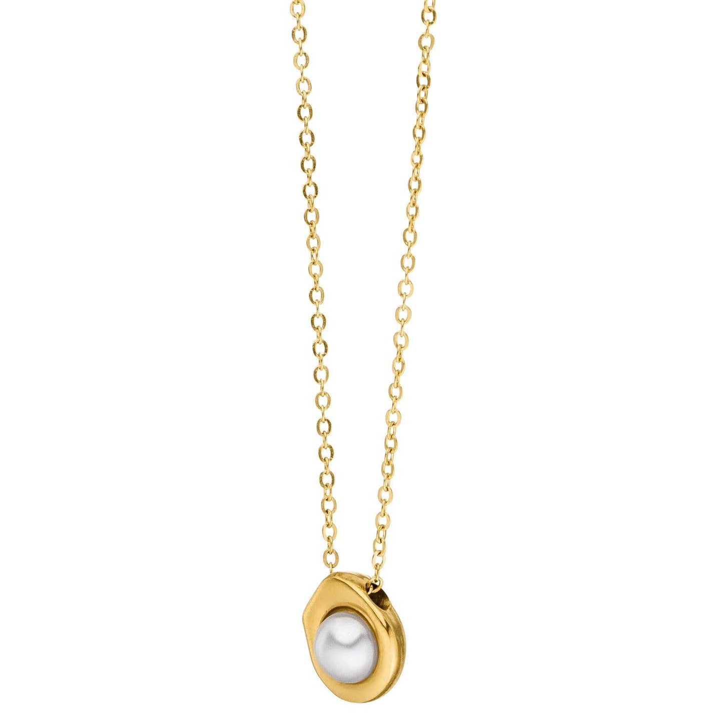 Gold-tone pearl pendant necklace by an unknown brand, on a fine chain.