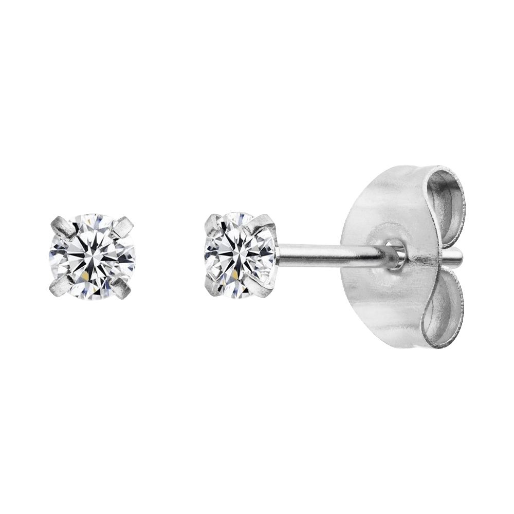Zirconia stud earrings by Ivy, displayed with silver butterfly backings on a solid green background.
