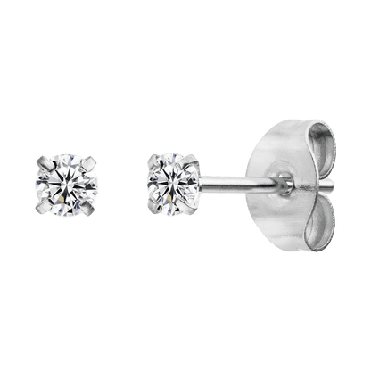 Zirconia stud earrings by Ivy, displayed with silver butterfly backings on a solid green background.
