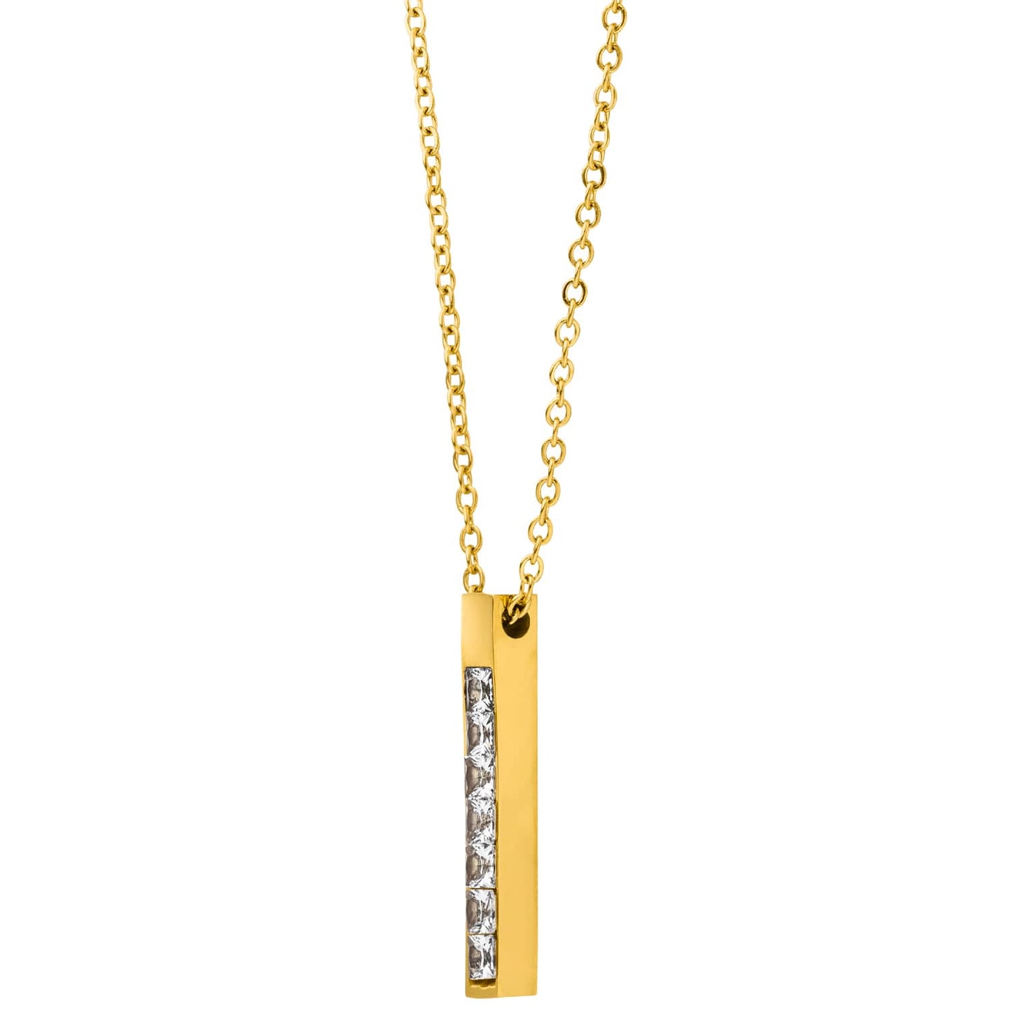 Gold zircon bar necklace with a gold chain.