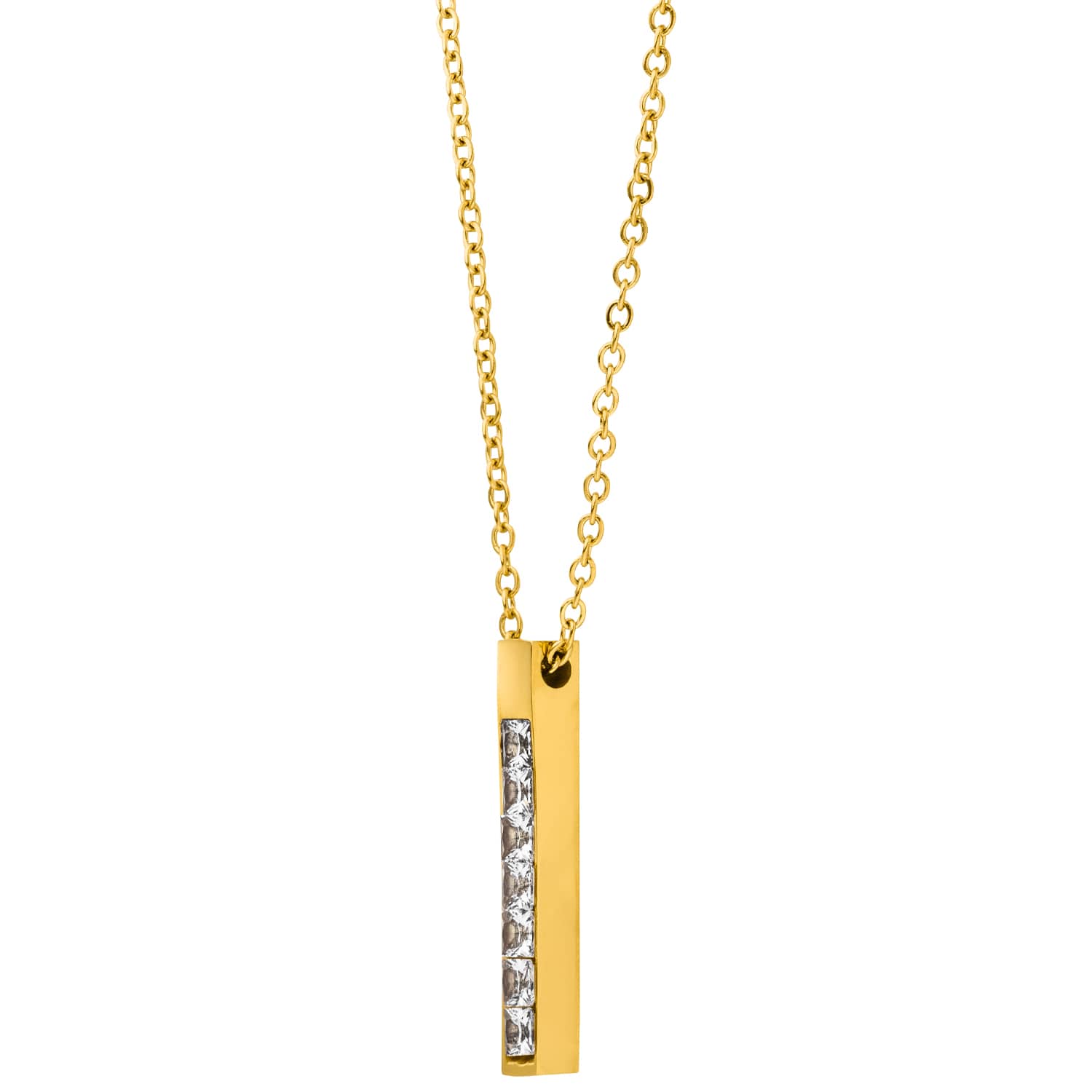 Gold zircon bar necklace with a gold chain.