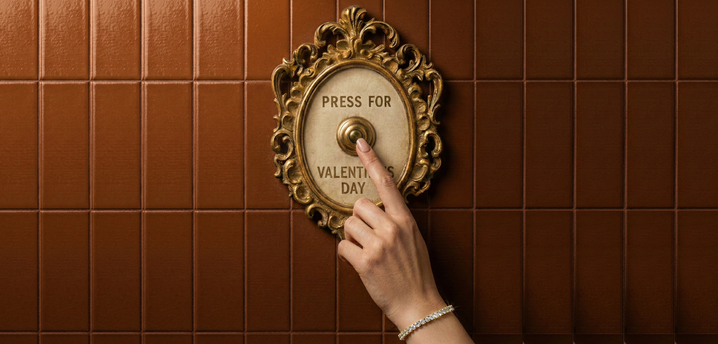 Hand pressing a doorbell labeled 'Press for Valentine's Day' on a tiled wall.