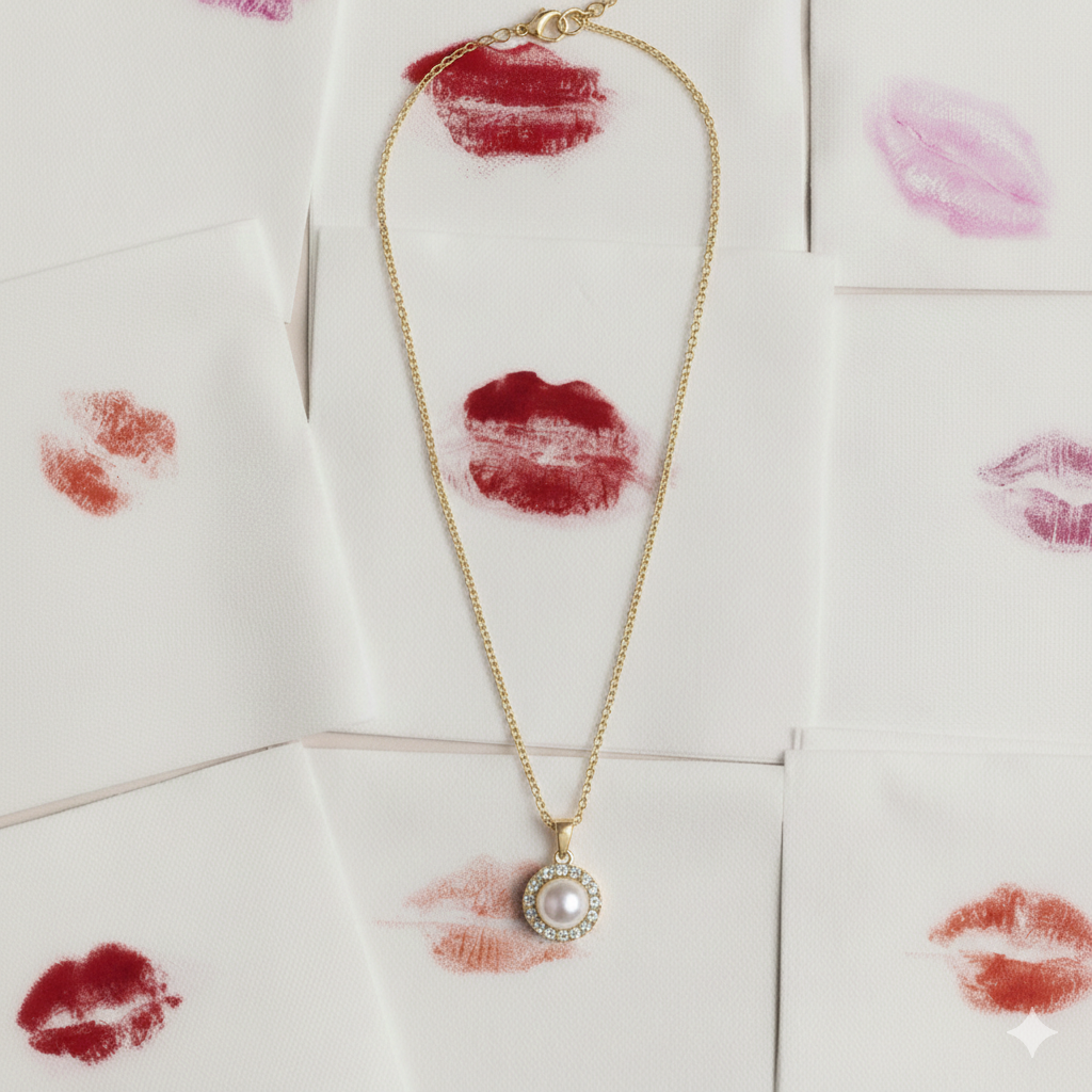 Gold necklace with a pearl pendant on a surface with lipstick marks.