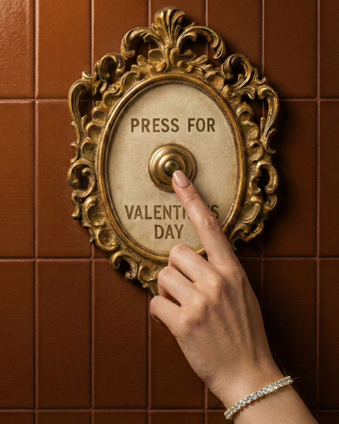 Decorative button with 'Press for Valentine's Day' text on a tiled wall.