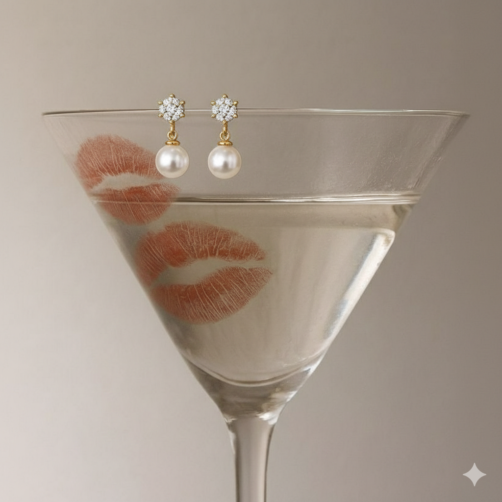 Martini glass with lipstick stain and pearl earrings on a neutral background