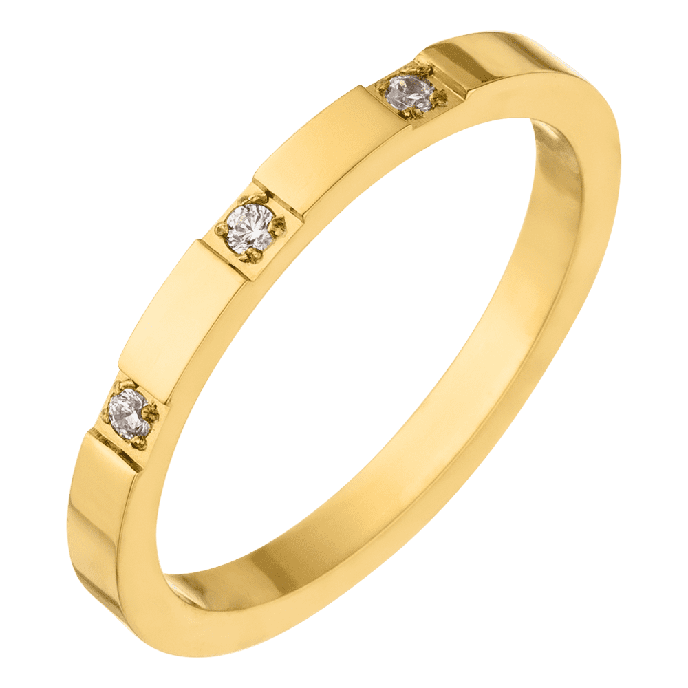 Gold ring with diamonds, by Lola, set in square prongs, viewed at an angle.