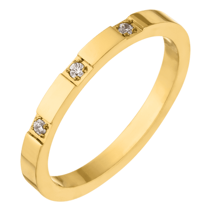 Gold ring with diamonds, by Lola, set in square prongs, viewed at an angle.