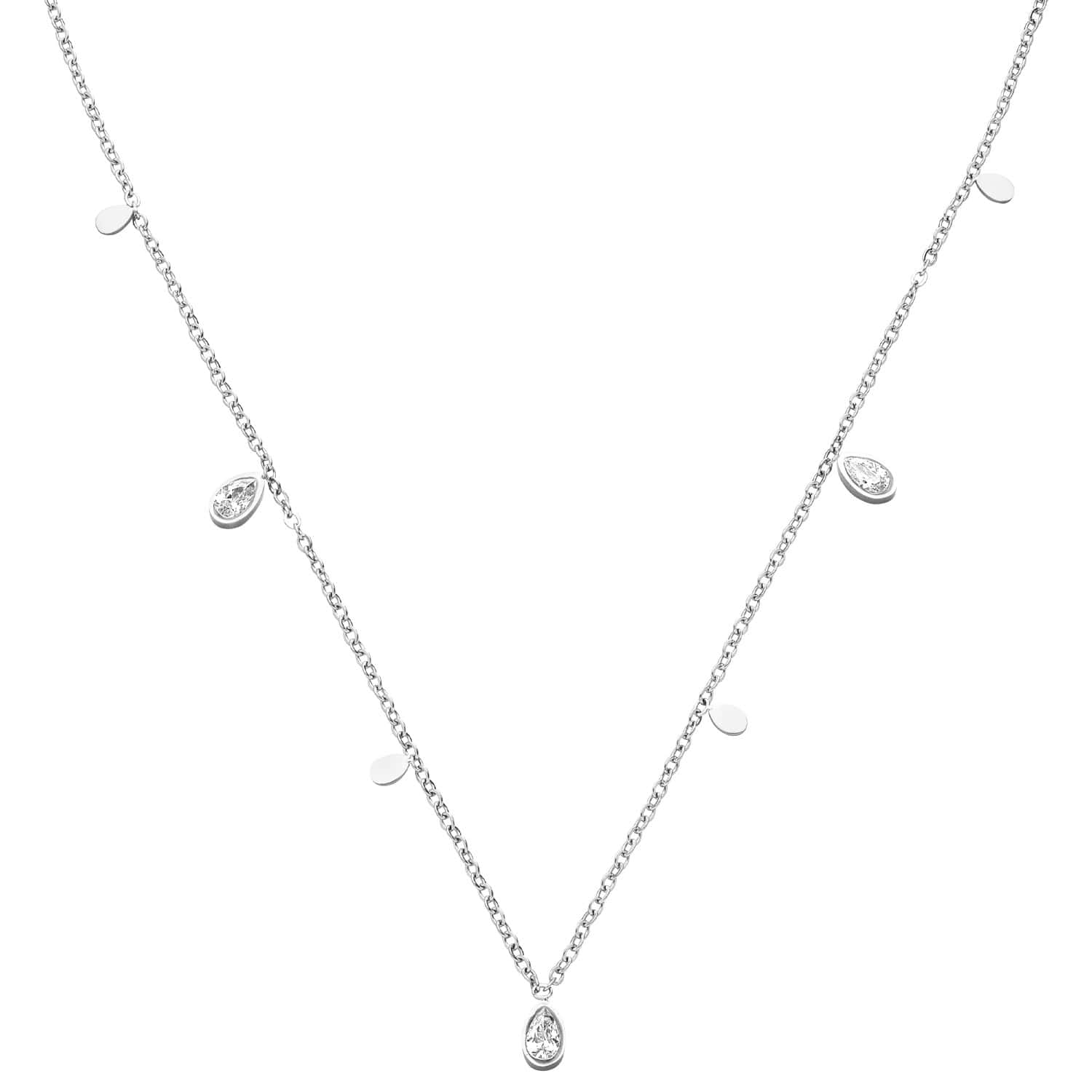 Silver pendant necklace by Shine, adorned with teardrop gems and small disc charms.