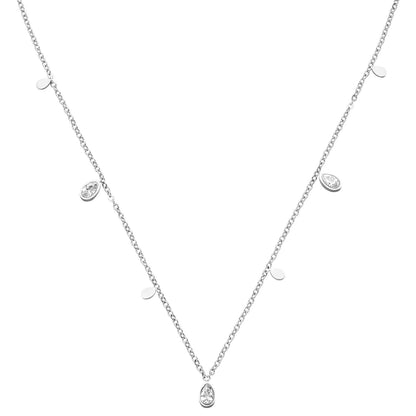 Silver pendant necklace by Shine, adorned with teardrop gems and small disc charms.