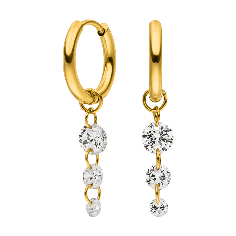 Gold hoop earrings by an unknown brand, with three dangling clear gems connected with gold rings.
