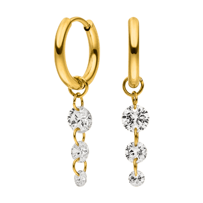 Gold hoop earrings by an unknown brand, with three dangling clear gems connected with gold rings.
