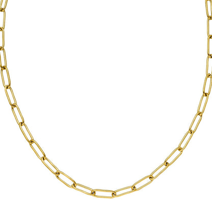 Gold paperclip chain necklace from an elevated perspective.
