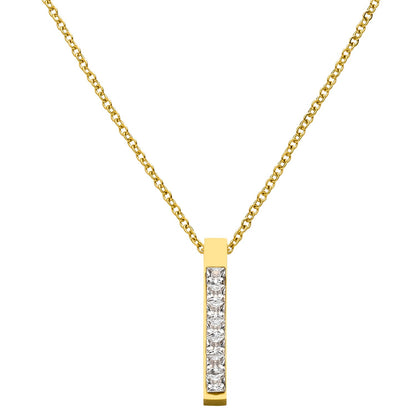 Gold zircon bar necklace with rectangular gemstones.