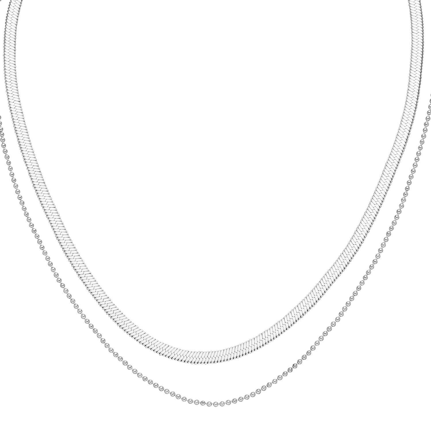 Silver-tone necklace with two chains by Sleek Layers featuring a snake chain and beaded chain.