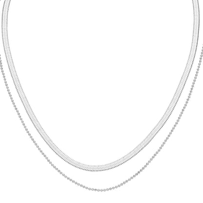 Silver-tone necklace with two chains by Sleek Layers featuring a snake chain and beaded chain.