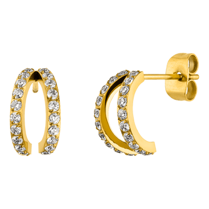 Gold earrings from Twin, encrusted with white gems.