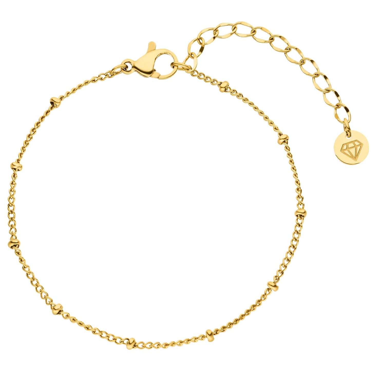 Gold beaded bracelet by Steeltime with a lobster claw clasp and diamond charm.