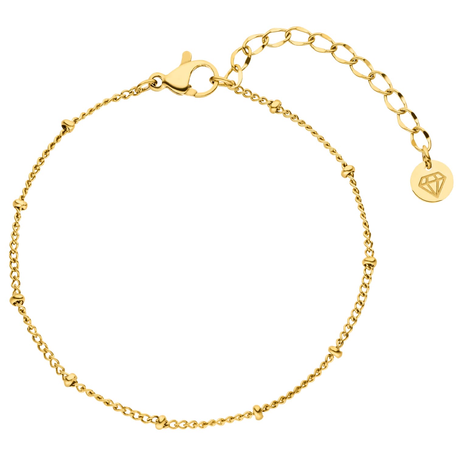 Gold beaded bracelet by Steeltime with a lobster claw clasp and diamond charm.