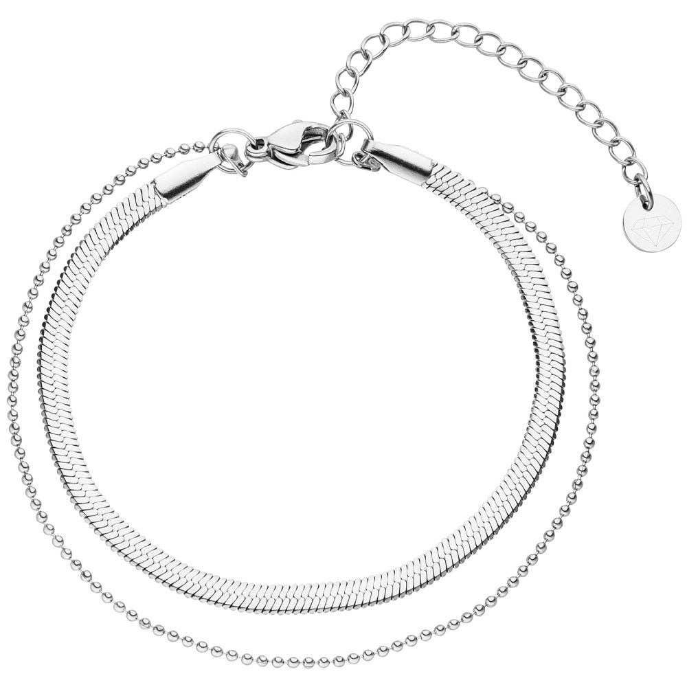 Silver-tone layered bracelet from Sleek Layers with snake chain and bead chain details.