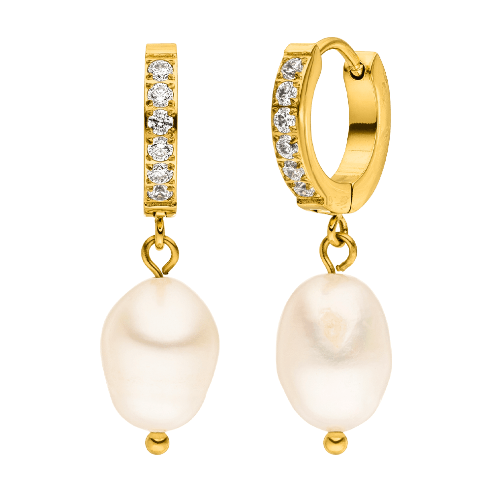 Gold earrings with freshwater pearls by Shine, featuring small sparkling crystals.