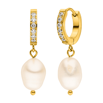 Gold earrings with freshwater pearls by Shine, featuring small sparkling crystals.