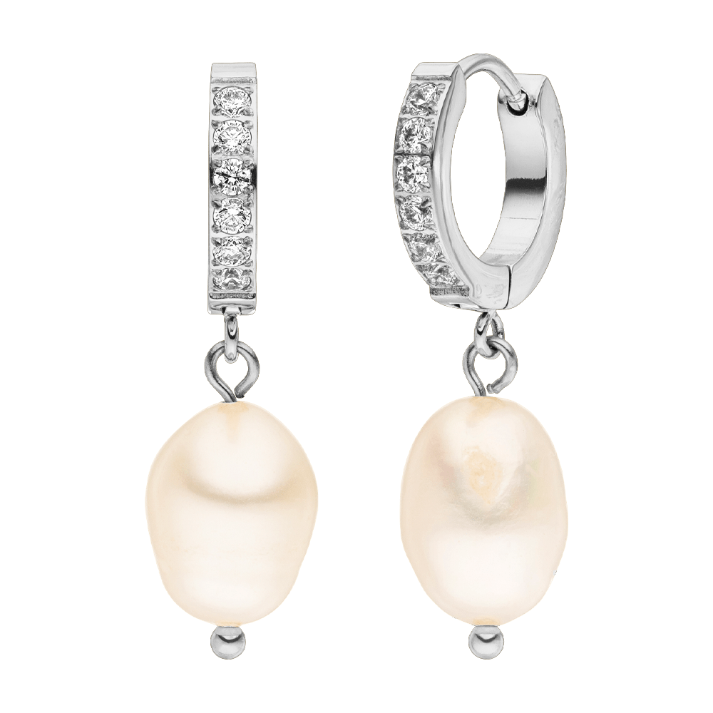 Elegant pearl earrings by Shine, with silver hoops encrusted with diamonds.