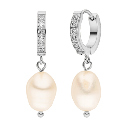 Elegant pearl earrings by Shine, with silver hoops encrusted with diamonds.