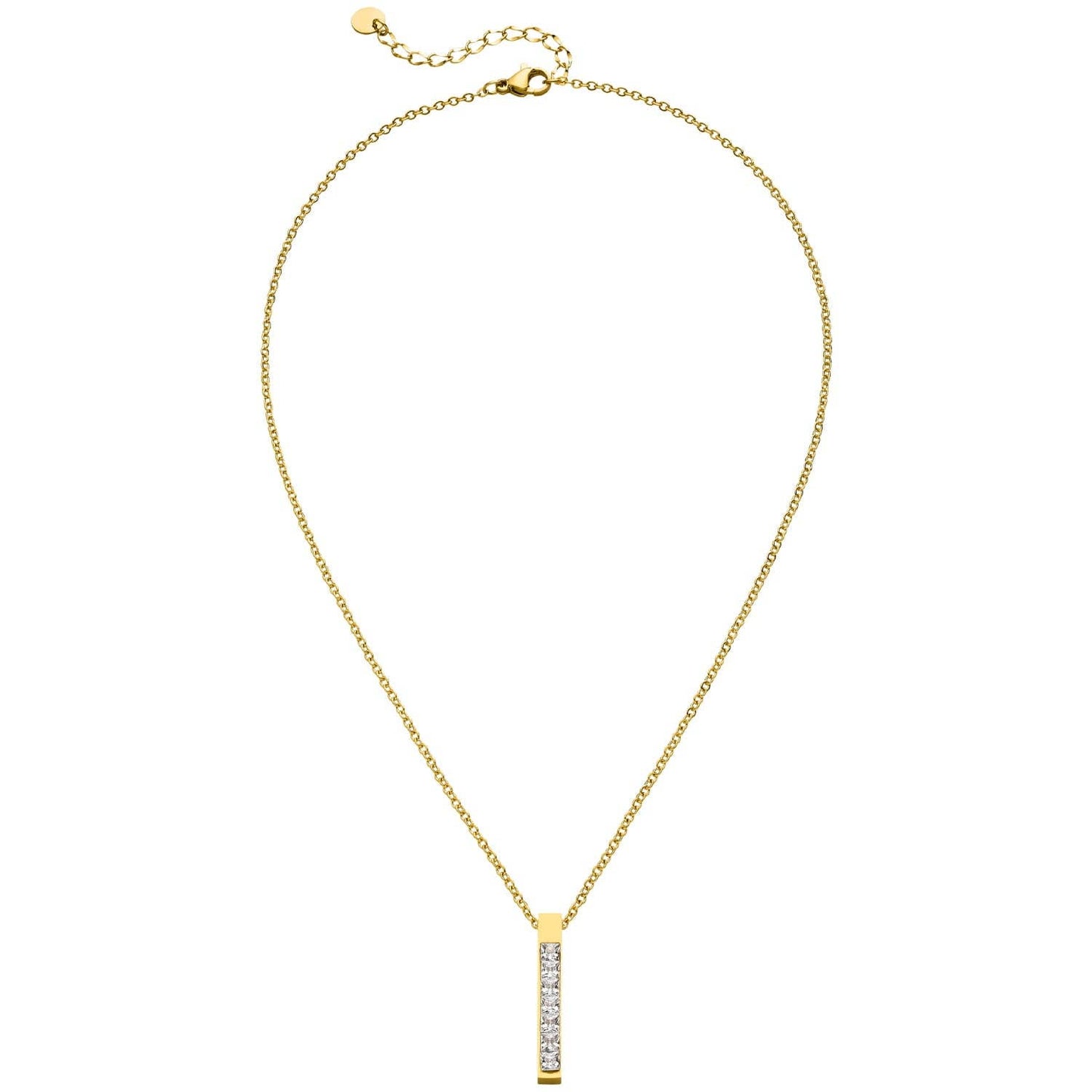 Gold zircon bar necklace with a delicate chain and lobster clasp.