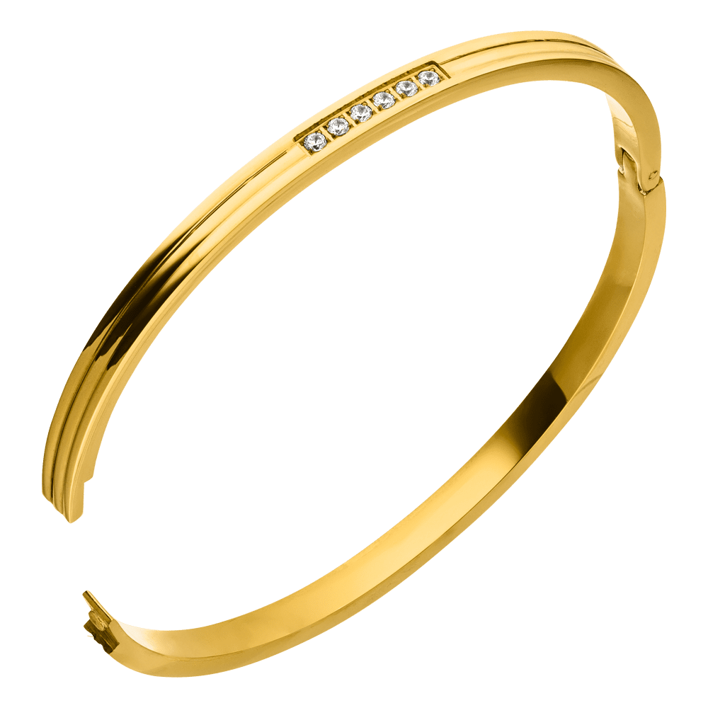 Gold bracelet by Six Stone, embellished with sparkling stones.
