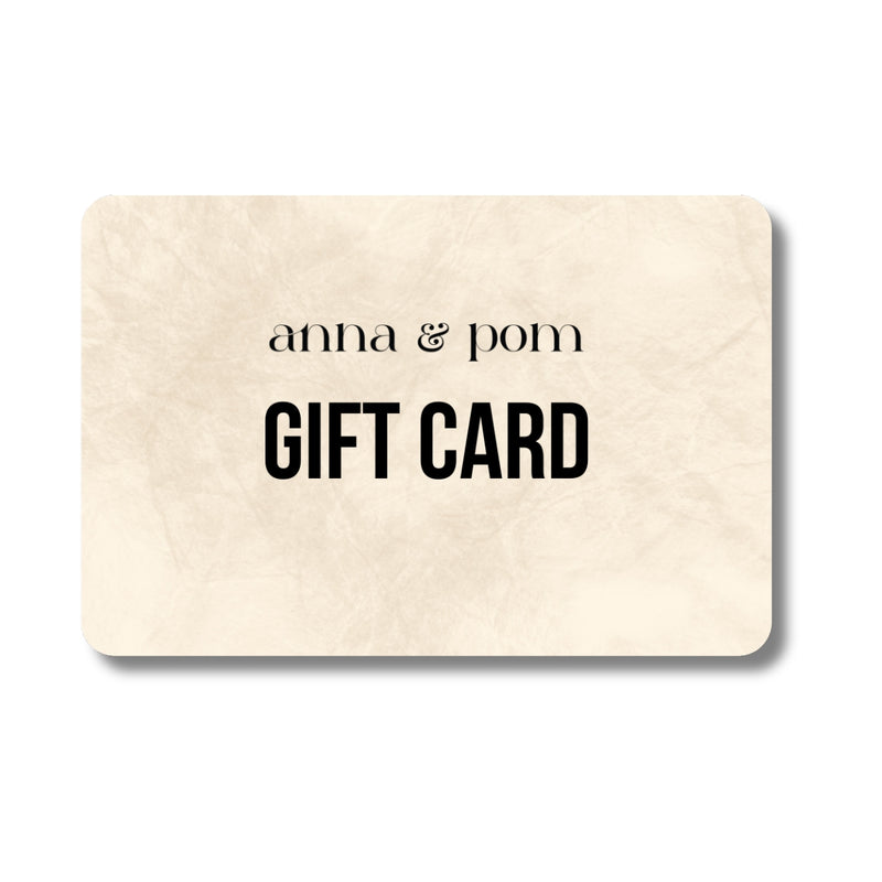 Cream gift card by Anna & Pom, with a subtle paper texture, and rounded corners with a drop shadow.