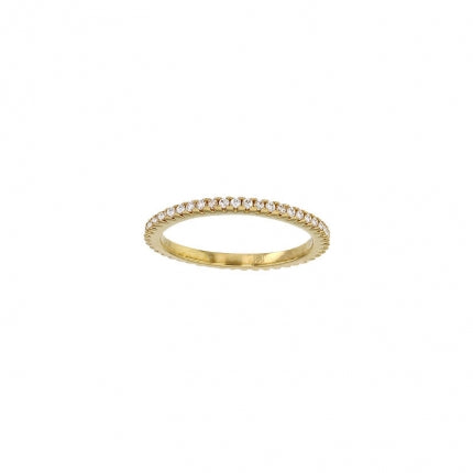 Gold zirconia ring by Timeless Spark with small, round cut stones set closely together.